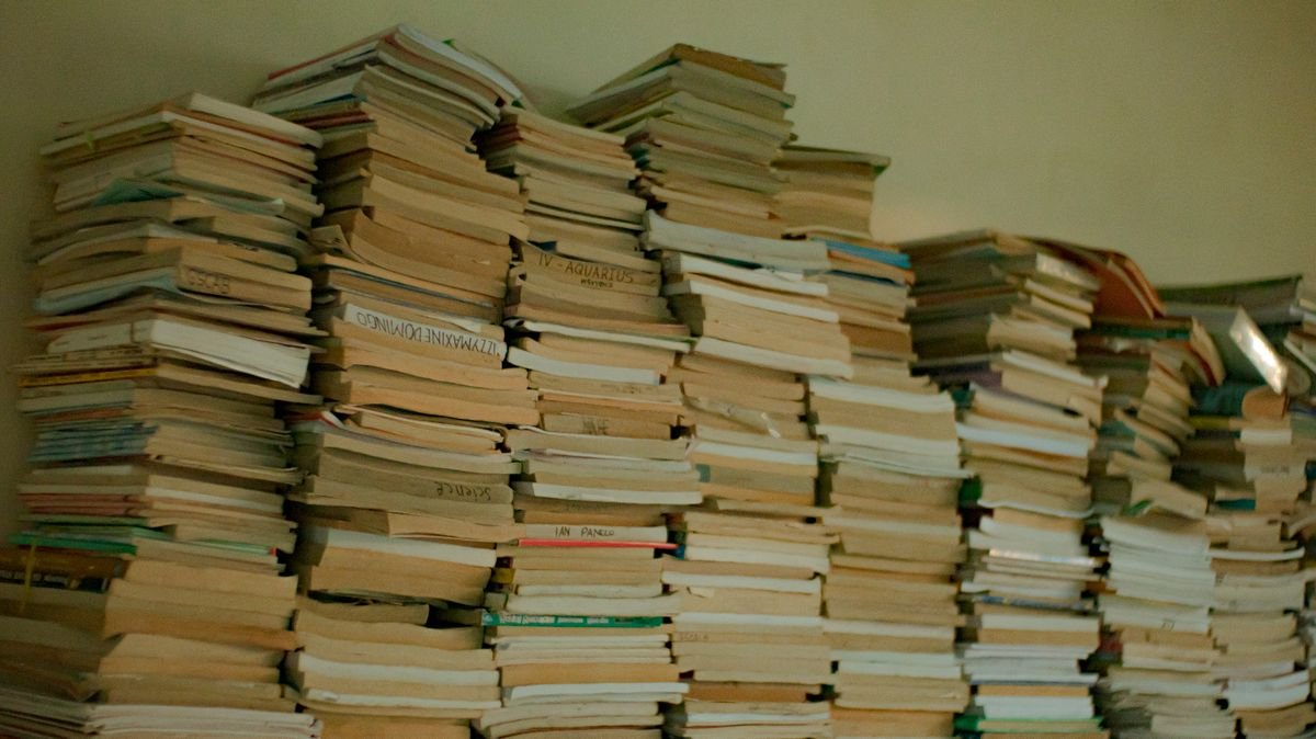 A stack of donated books